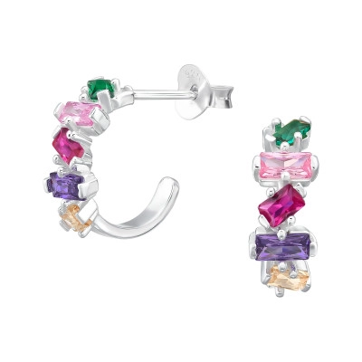 Sterling Silver Half Hoop Ear Studs with Baguette Rainbow Cubic Zirconia