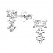 9mm Three Layer Sterling Silver Ear Studs with Baguette and Round Cubic Zirconia