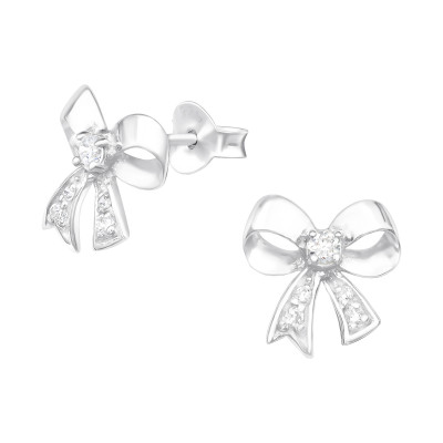 Silver Bow Ear Studs with Cubic Zirconia