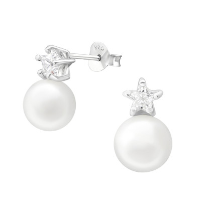 Silver Star Ear Studs with Hanging Synthetic Pearl and Cubic Zirconia