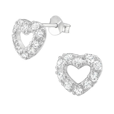 Silver Heart Ear Studs with Cubic Zirconia