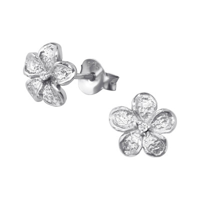 Silver Flower Ear Studs with Cubic Zirconia