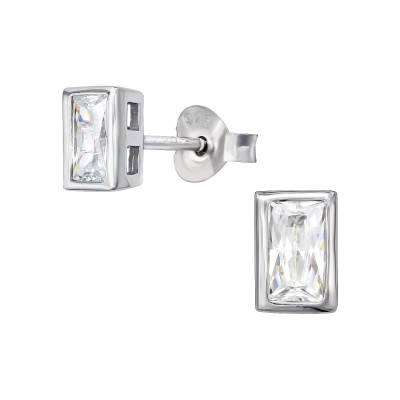 Silver Rectangle Ear Studs with Cubic Zirconia