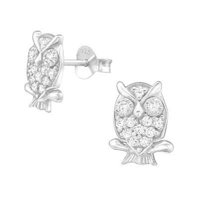 Silver Owl Ear Studs with Cubic Zirconia