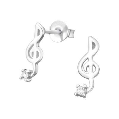 Silver G Clef Ear Studs with Cubic Zirconia