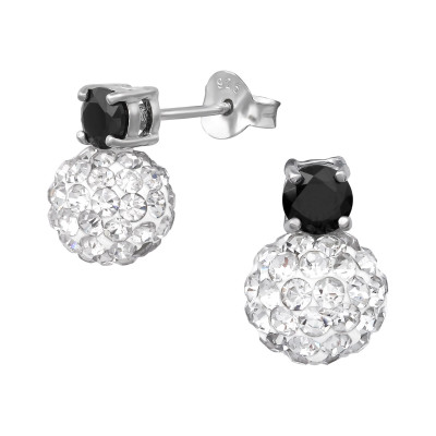 Silver Crystal Ball Ear Studs with Cubic Zirconia and Crystal