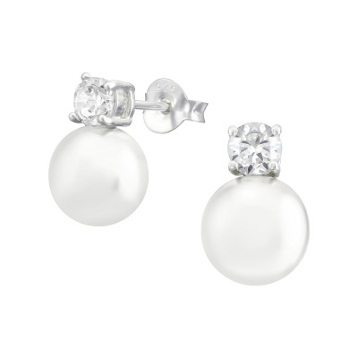 Silver Round Ear Studs with Cubic Zirconia and Synthetic Pearl