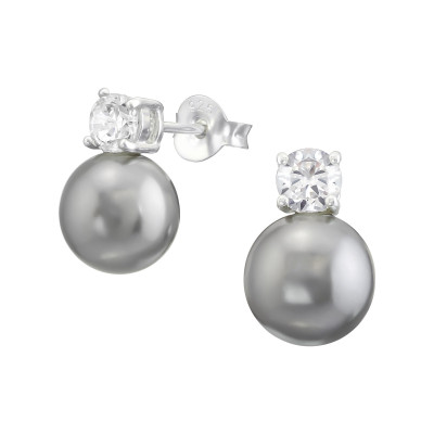 Silver Round Ear Studs with Cubic Zirconia and Synthetic Pearl