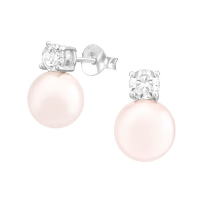 Silver Round Ear Studs with Cubic Zirconia and Synthetic Pearl