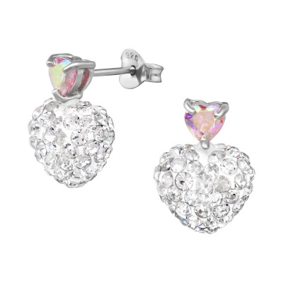 Silver Crystal Heart Ear Studs with Cubic Zirconia and Crystal