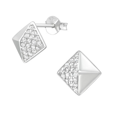 Silver Square Ear Studs with Cubic Zirconia