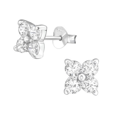 Silver Flower Ear Studs with Cubic Zirconia