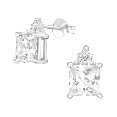 Silver Square Ear Studs with Cubic Zirconia