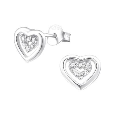 Silver Heart Ear Studs with Cubic Zirconia