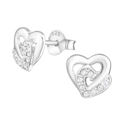 Silver Double Heart Ear Studs with Cubic Zirconia
