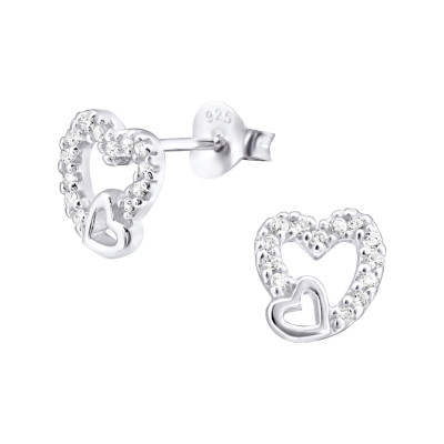 Silver Heart Ear Studs with Cubic Zirconia