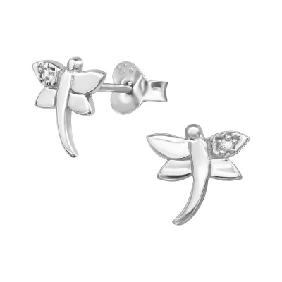 Silver Dragonfly Ear Studs with Cubic Zirconia