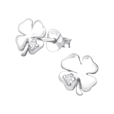 Silver Lucky Clover Ear Studs with Cubic Zirconia