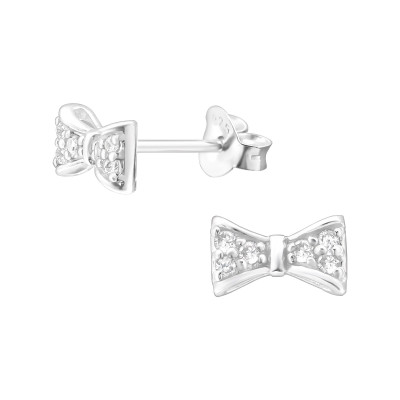 Silver Bow Ear Studs with Cubic Zirconia