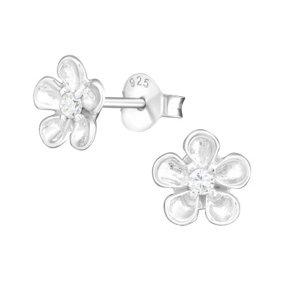 Silver Flower Ear Studs with Cubic Zirconia