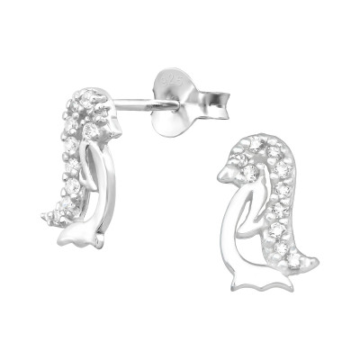 Silver Penguin Ear Studs with Cubic Zirconia