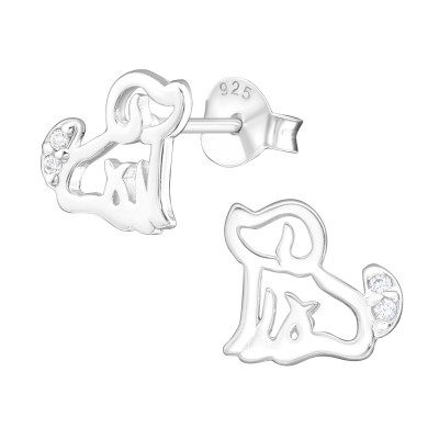 Silver Dog Ear Studs with Cubic Zirconia