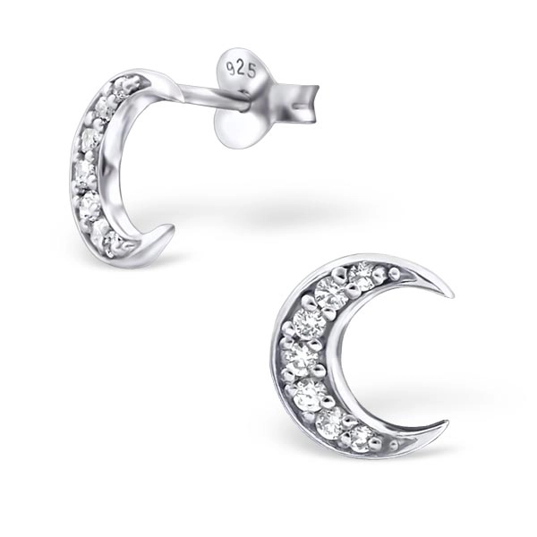 Lovely Crescent Moon Sterling Silver Ear Studs with Cubic