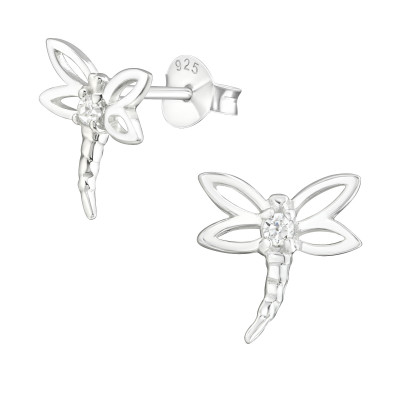 Silver Dragonfly Ear Studs with Cubic Zirconia