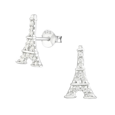 Silver Eiffel Tower Ear Studs with Cubic Zirconia