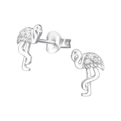 Silver Flamingo Ear Studs with Cubic Zirconia