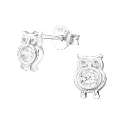 Silver Owl Ear Studs with Cubic Zirconia