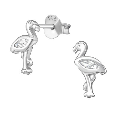 Silver Flamingo Ear Studs with Cubic Zirconia