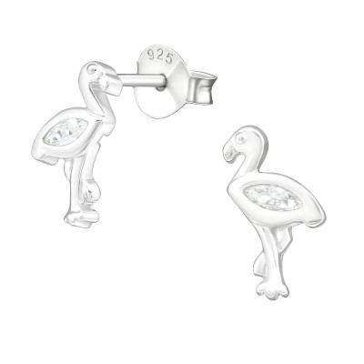 Silver Flamingo Ear Studs with Cubic Zirconia