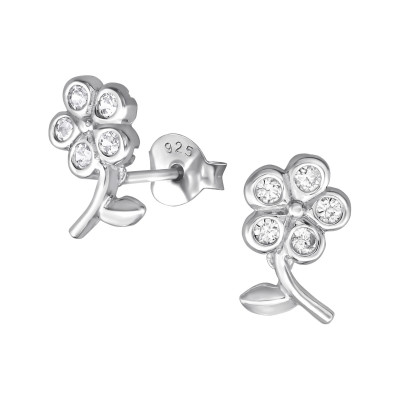 Silver Flower Ear Studs with Cubic Zirconia