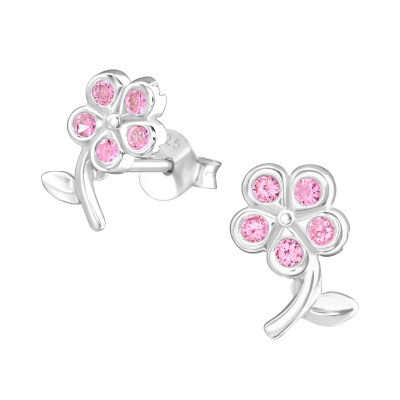 Silver Flower Ear Studs with Cubic Zirconia