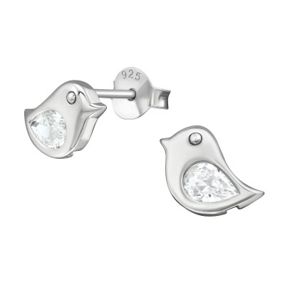 Silver Bird Ear Studs with Cubic Zirconia