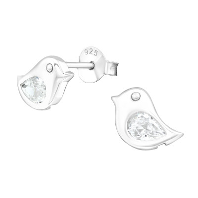 Silver Bird Ear Studs with Cubic Zirconia