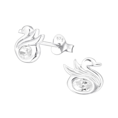 Silver Swan Ear Studs with Cubic Zirconiac