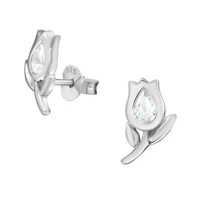 Silver Tulip Ear Studs with Cubic Zirconia