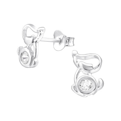 Silver Dog Ear Studs with Cubic Zirconia