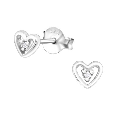 Silver Heart Ear Studs with Cubic Zirconia