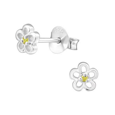 Silver Birthstone Flower Ear Studs with Cubic Zirconia