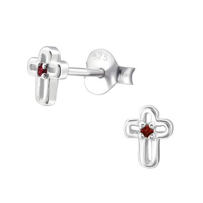 Silver Birthstone Cross Ear Studs with Cubic Zirconia
