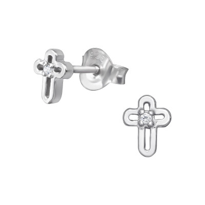 Silver Cross Ear Studs with Cubic Zirconia