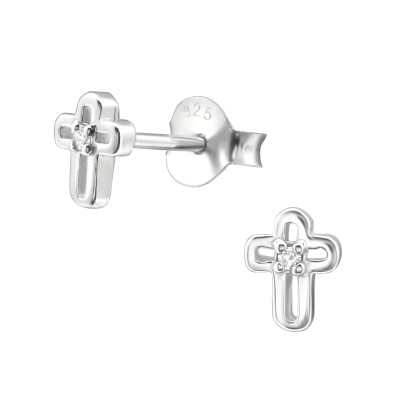 Silver Cross Ear Studs with Cubic Zirconia