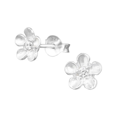 Silver Flower Ear Studs with Cubic Zirconia