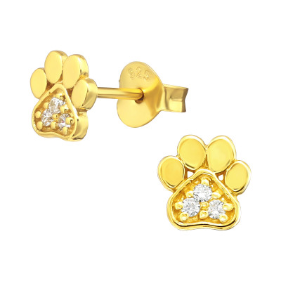 Silver Paw Print Ear Studs with Cubic Zirconia