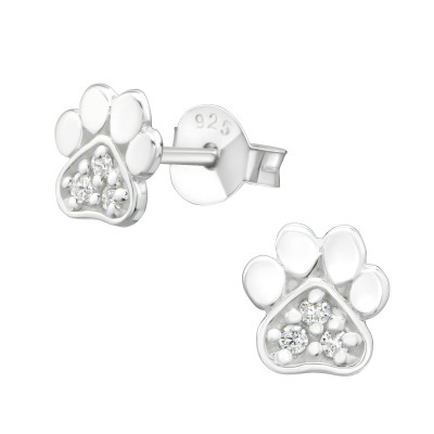 Silver Paw Print Ear Studs with Cubic Zirconia