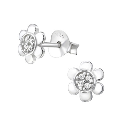 Silver Flower Ear Studs with Cubic Zirconia