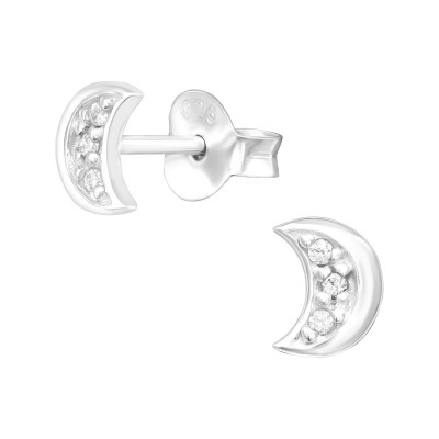 Silver Moon Ear Studs with Cubic Zirconia
